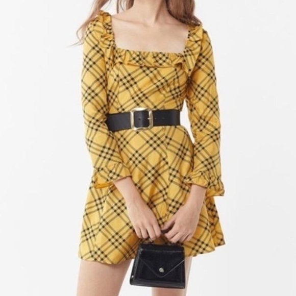 Urban Outfitters Kristen Square Neckline Dress Small Plaid Ruffles Yellow Black - Picture 2 of 5